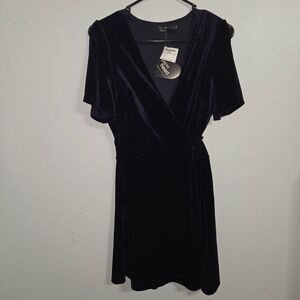 S#38 Paper Heart Navy Blue Velvet Wrap Dress Short Sleeve‎ Tie Waist Mini S